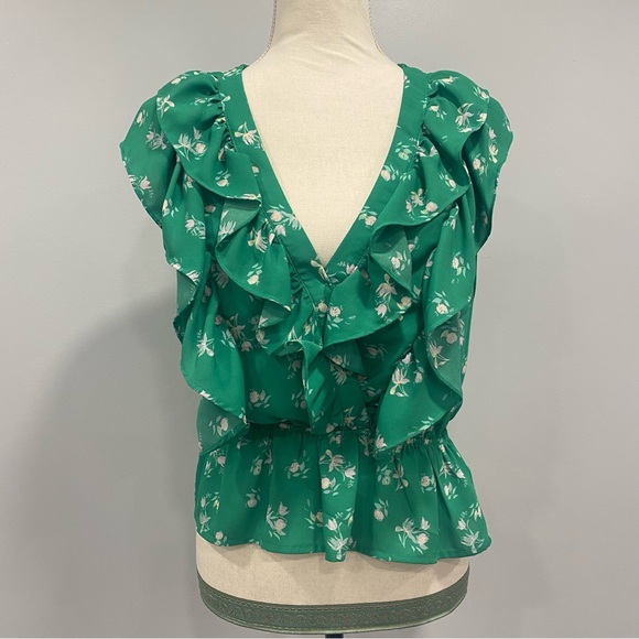 WAYF M Green Floral Ruffled Peplum Cottagecore Chiffon Peasant Coquette Girl Top - Picture 1 of 14